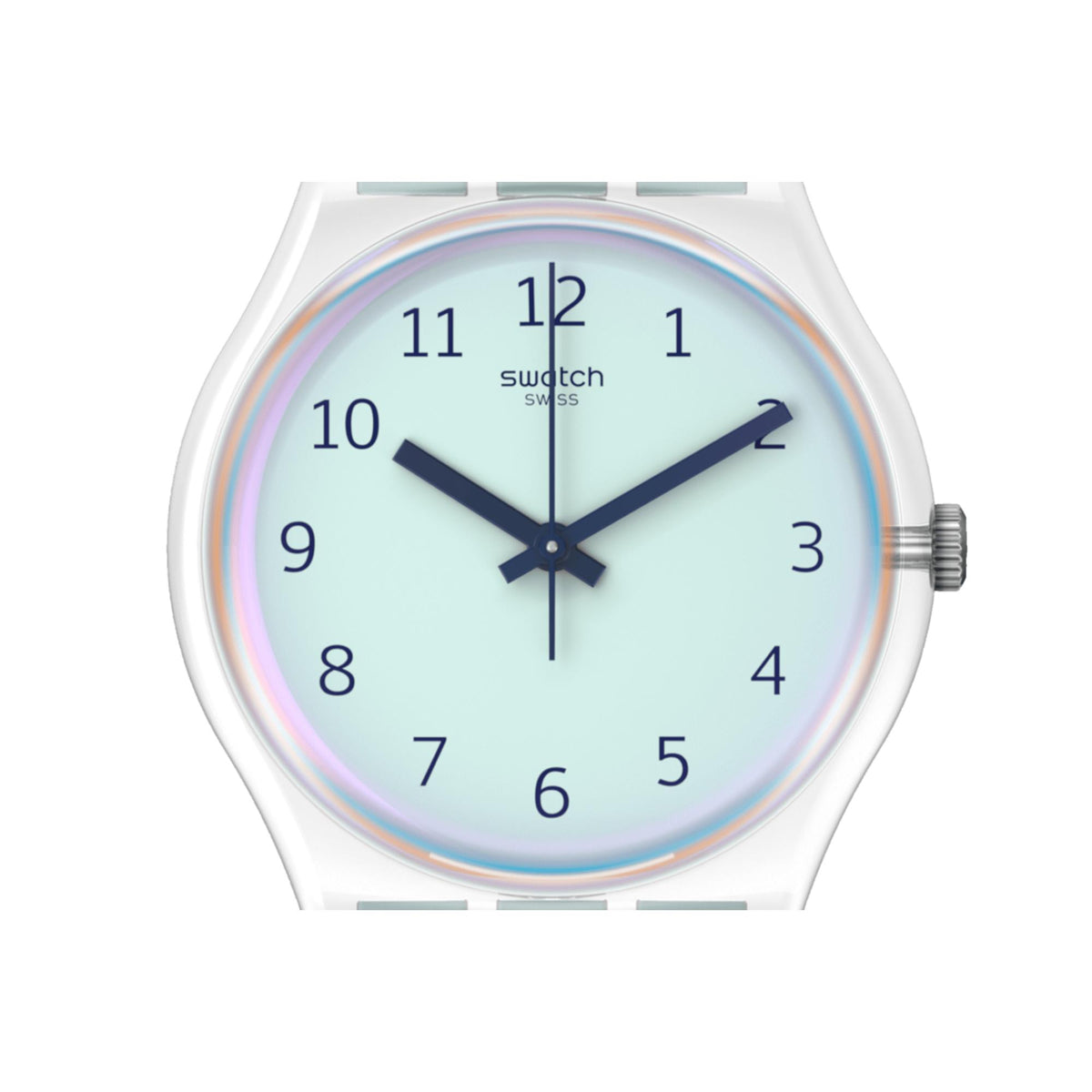 Close-up of light dial quartz watch with dark hands, numerals, and rainbow ring effect