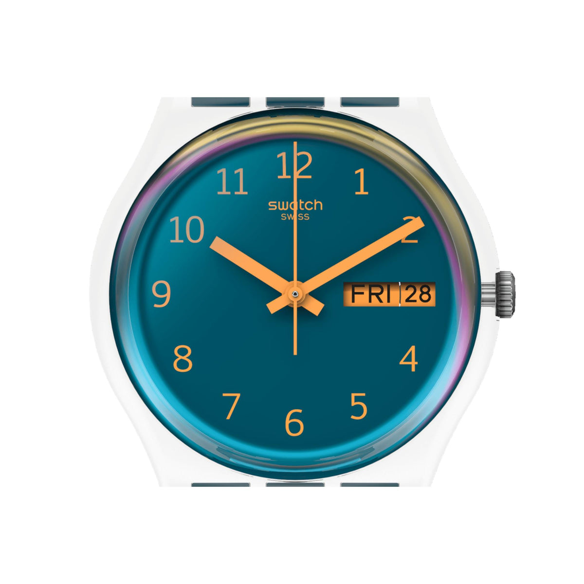 Swatch bio-sourced quartz watch close-up, blue dial with orange hands, Fri 28