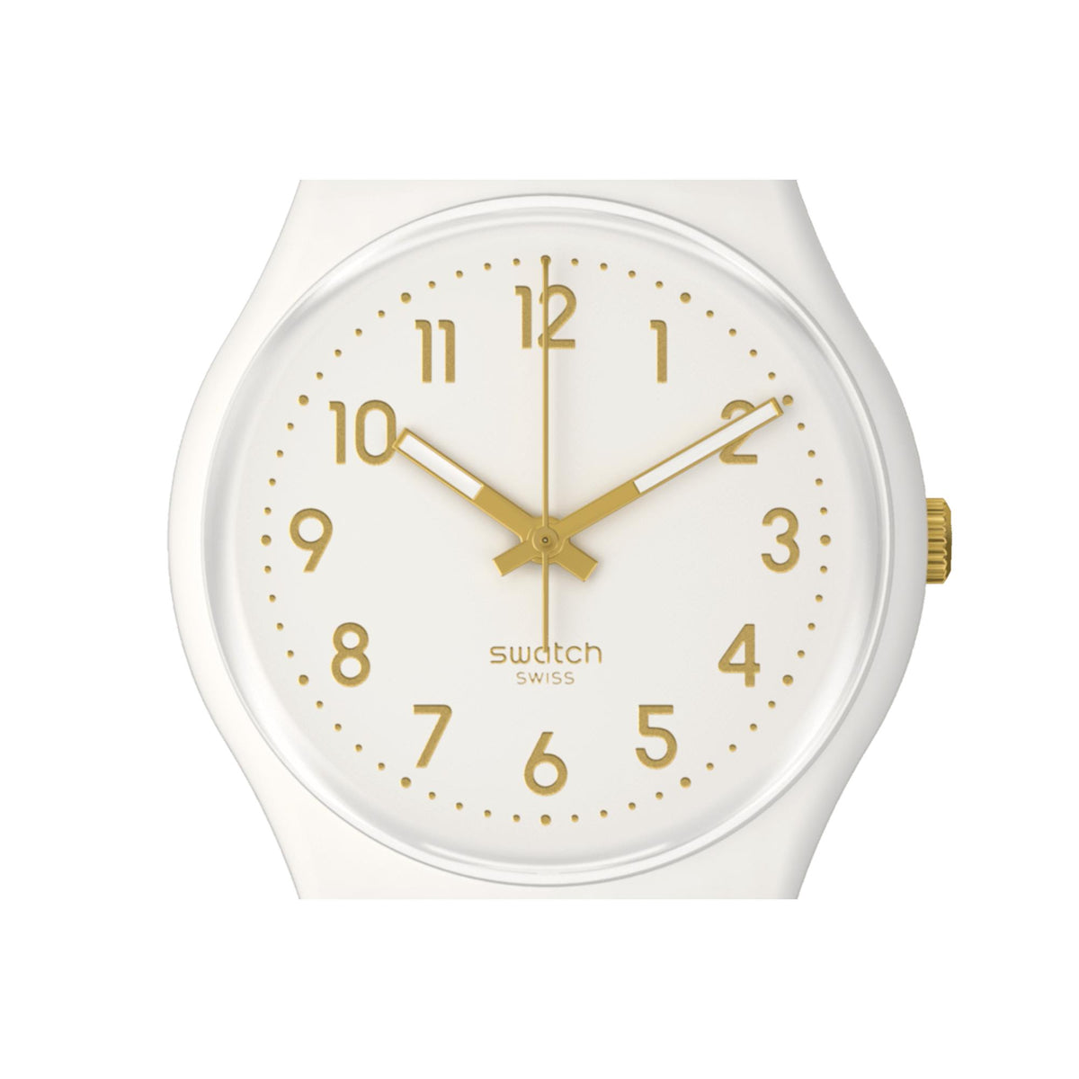 White quartz watch with gold-accent dial, roman numerals, and white silicone strap