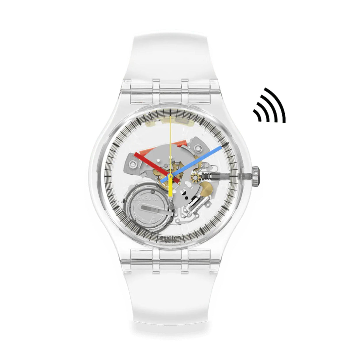 Quartz silicone wristwatch with skeleton dial, clear case, white strap, multi-color hands