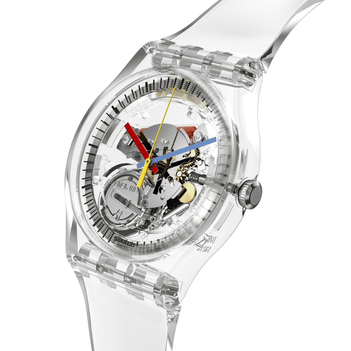 Quartz skeleton watch with transparent case, colored gears, detailed dial, rounded crown
