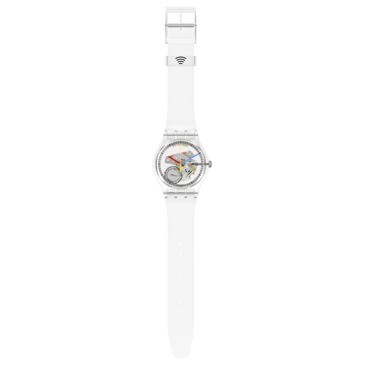Quartz silicone watch with white strap and skeleton face, colored markers and hands