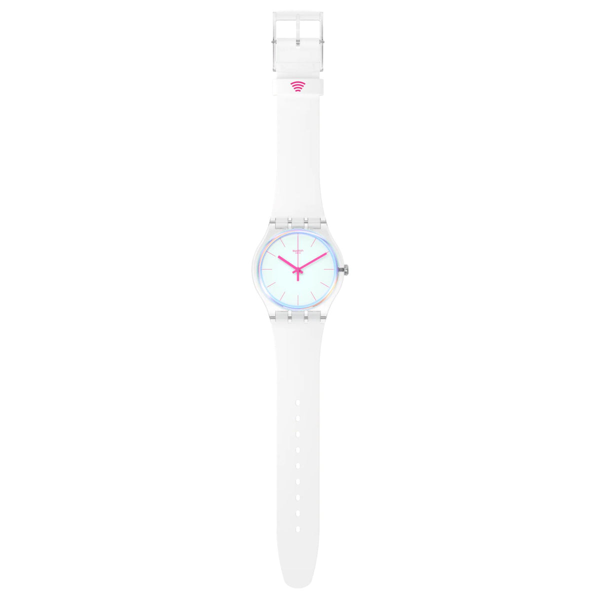 Swatch silicone watch, white strap with dial showing pink hour markers and hands
