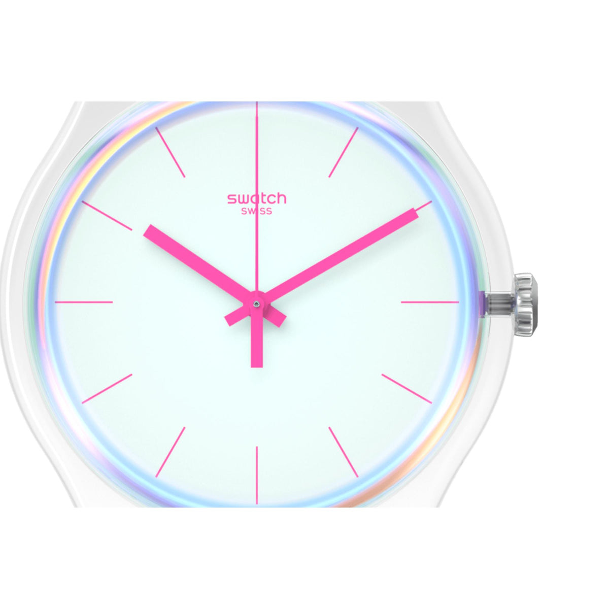 Swatch watch dial close-up, white face with pink indices and hands, glossy bezel