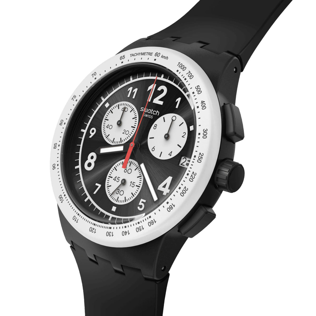 Swatch quartz watch with black silicone strap, black dial with three subdials and red accents