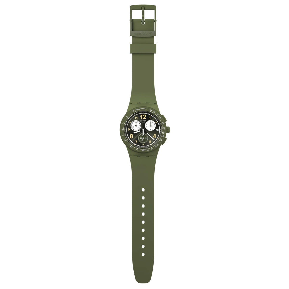 Round quartz dial silicone strap watch with olive band and dark dial