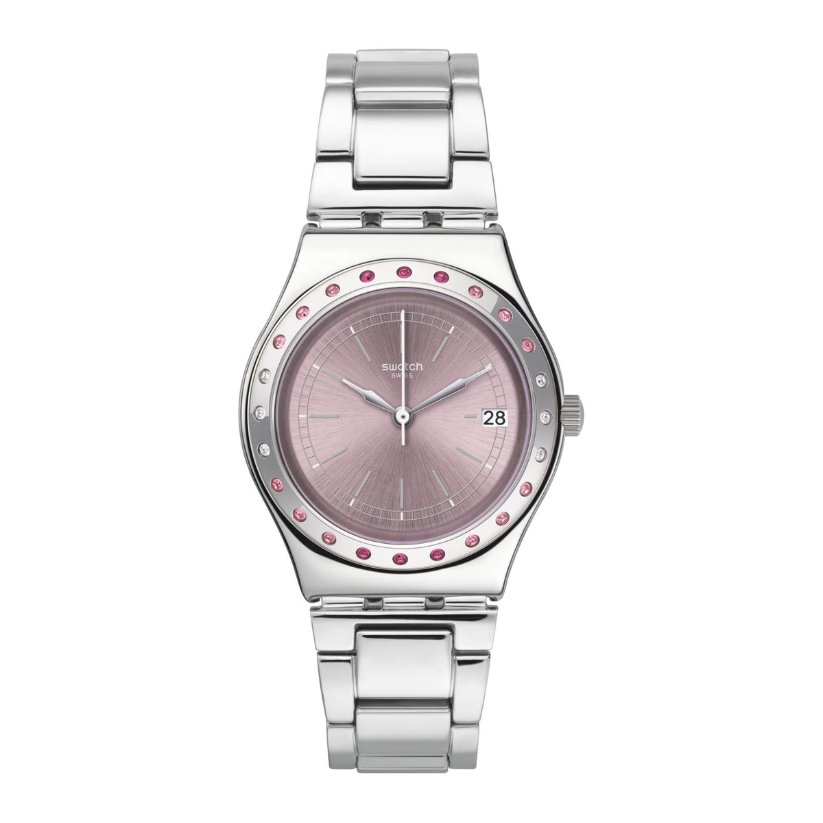 Ladies stainless steel quartz watch, pink dial, silver bracelet, round dot bezel