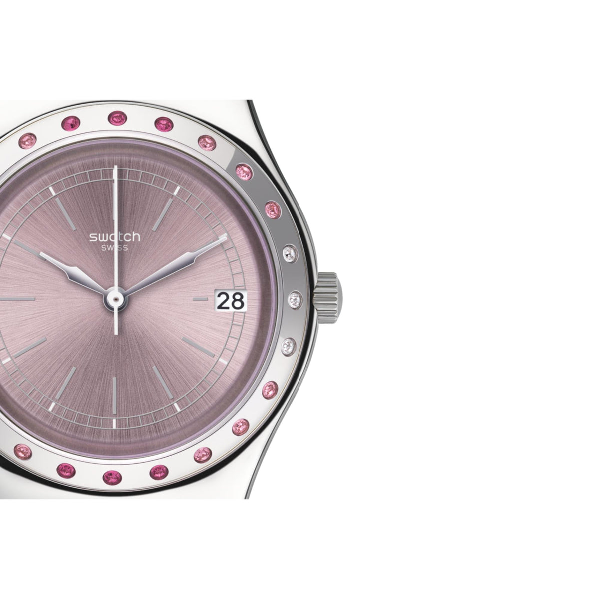 Close-up ladies watch: pink dial with markers, silver hands, date window at 28