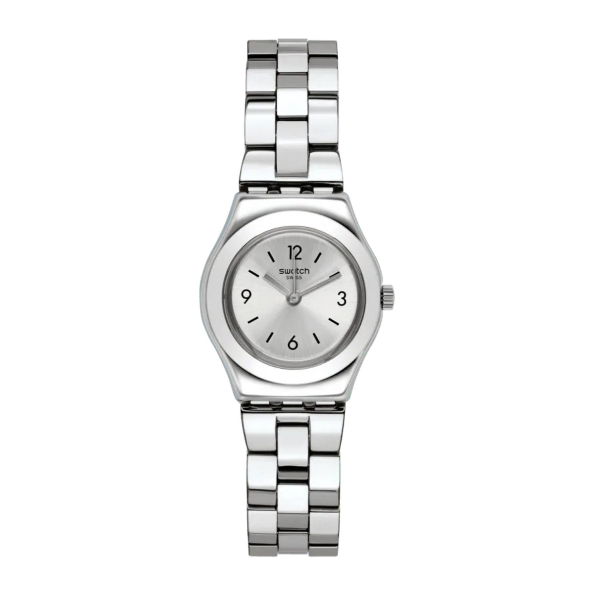 Stainless steel ladies wristwatch with silver dial and linked metal bracelet