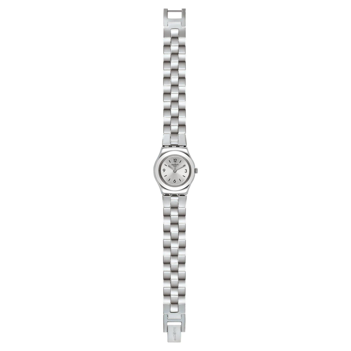 Stainless steel ladies wristwatch with silver dial, side profile, and link bracelet