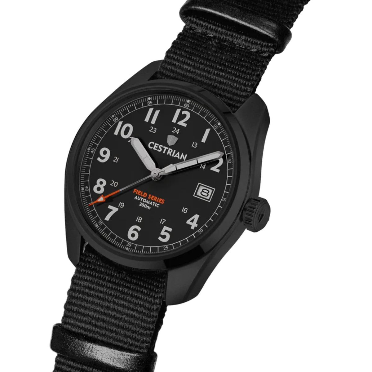 Men’s black automatic field watch angled view, black NATO strap, black dial with baton markers