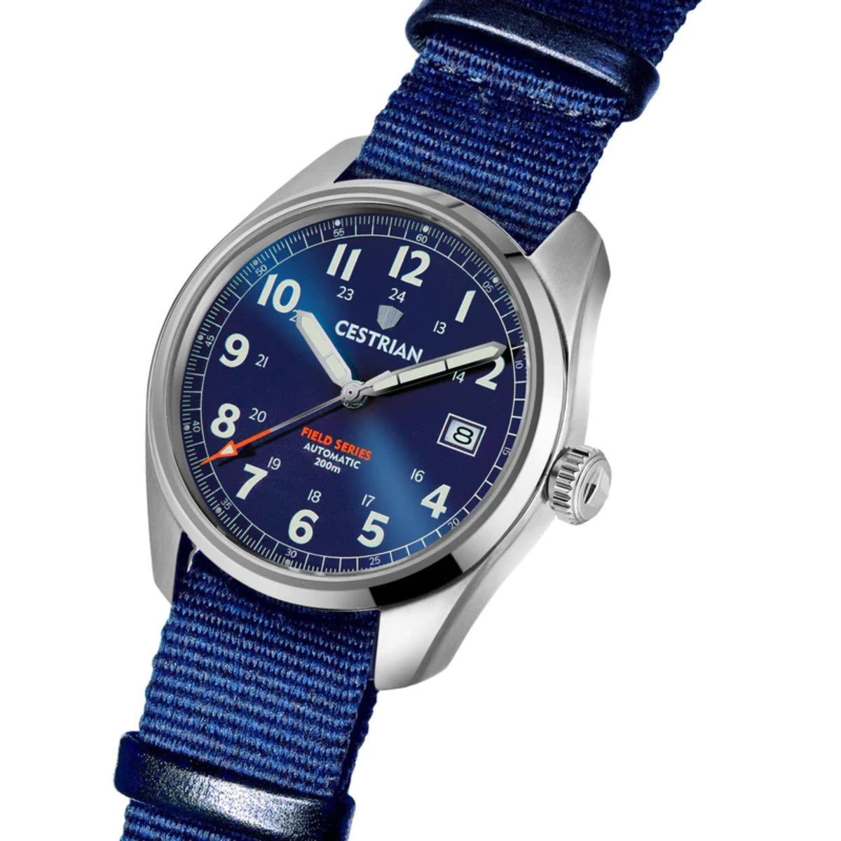 Cestrian Field Series CF221N0660 stainless steel case and blue NATO strap detail