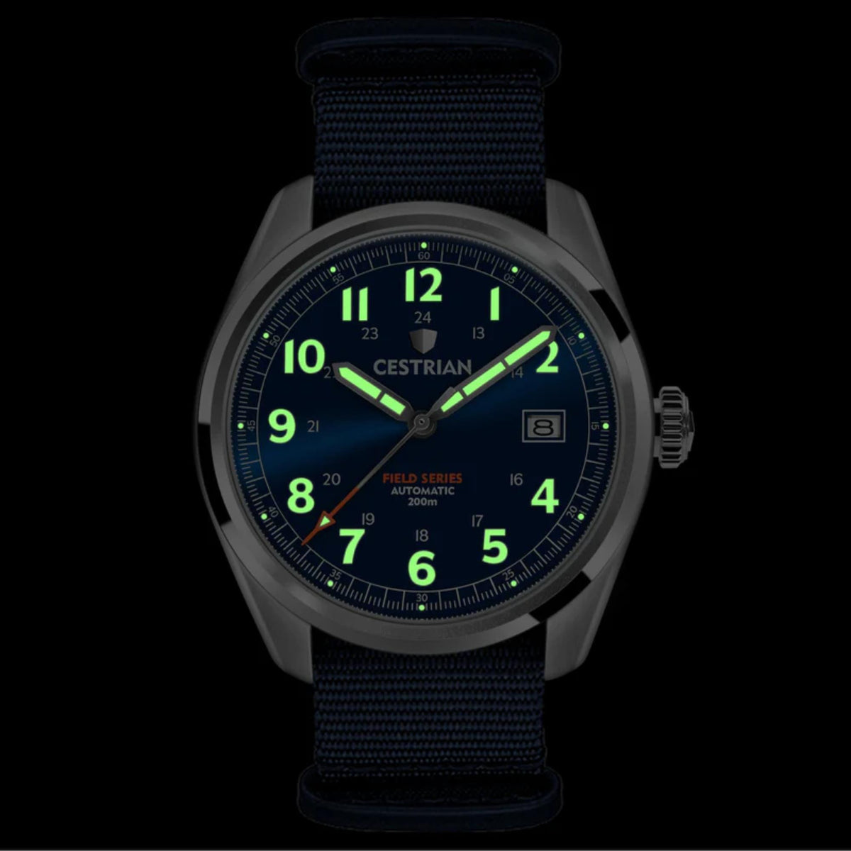 Cestrian Field Series CF221N0660 luminous dial and hands close up in dark