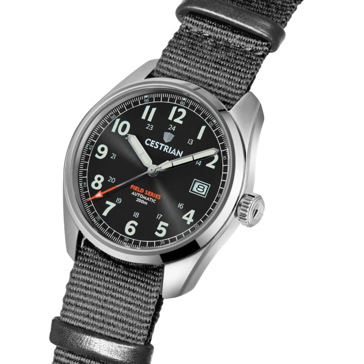 Men's automatic watch with dark dial, grey NATO strap, silver case and side crown.