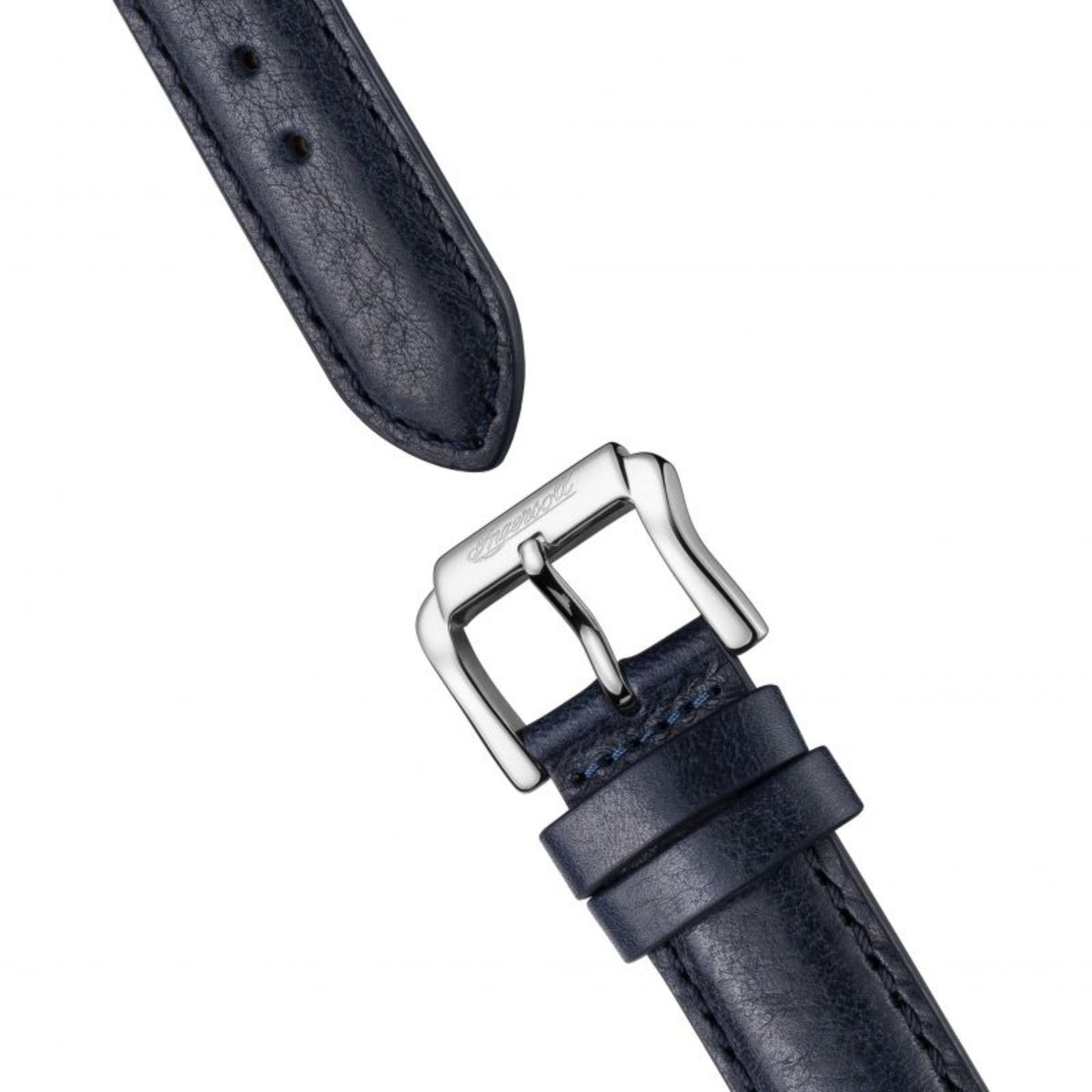 Blue leather watch strap with metal buckle and keeper, shown at angle