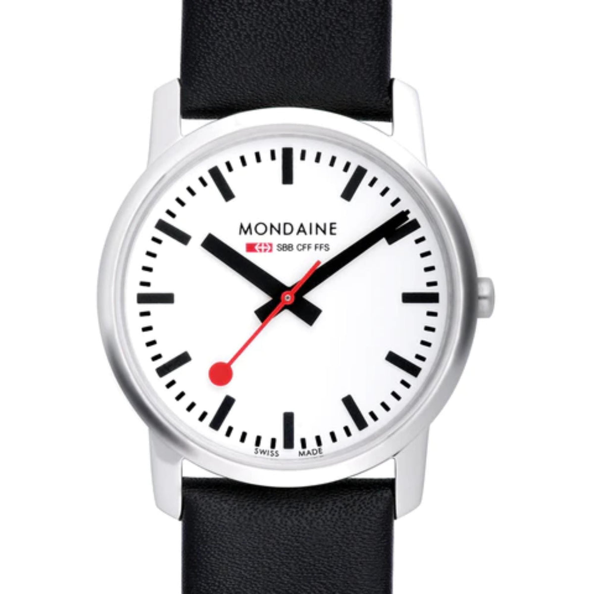 Stainless quartz watch with white dial and black leather strap, red accented hands