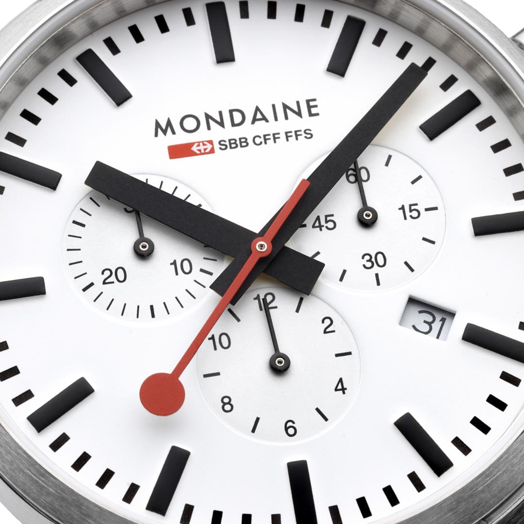 Mondaine chronograph watch with white dial, black markers, and red chronograph hand