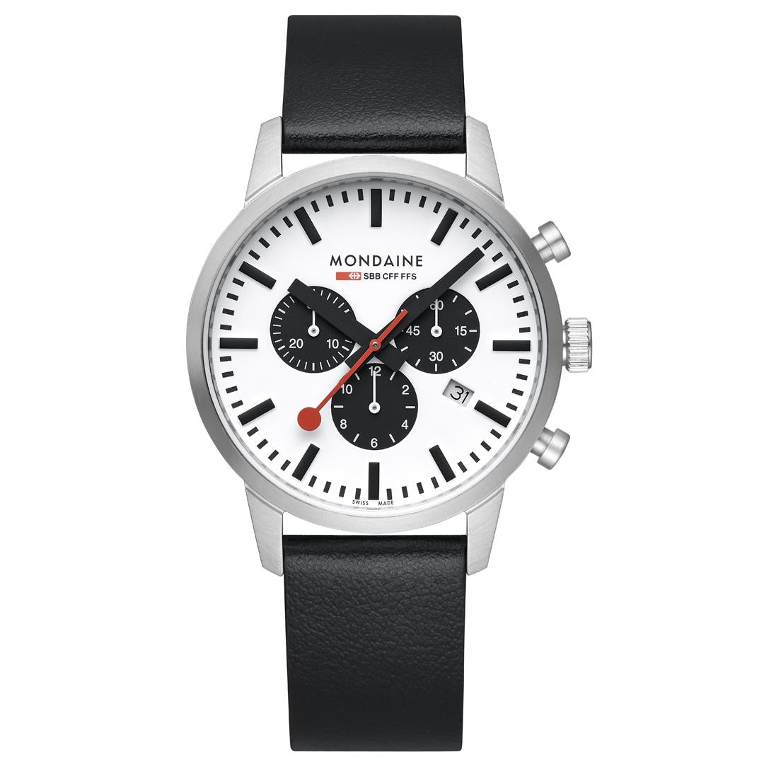 Mondaine Neo MSD.41410.LBV front view of a white-dial chronograph watch with a black leather strap