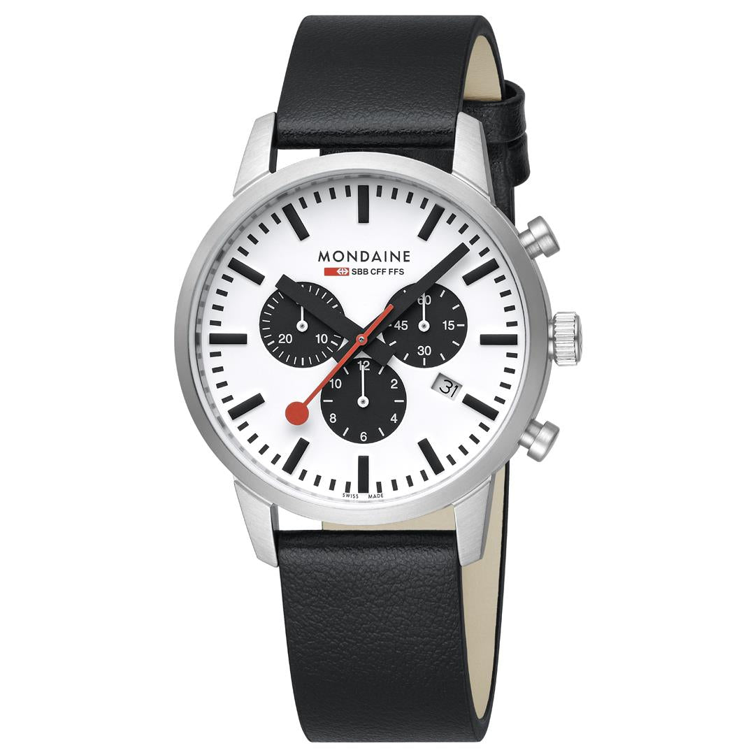 Mondaine Neo MSD.41410.LBV angled front view displaying white dial with steel case and leather strap