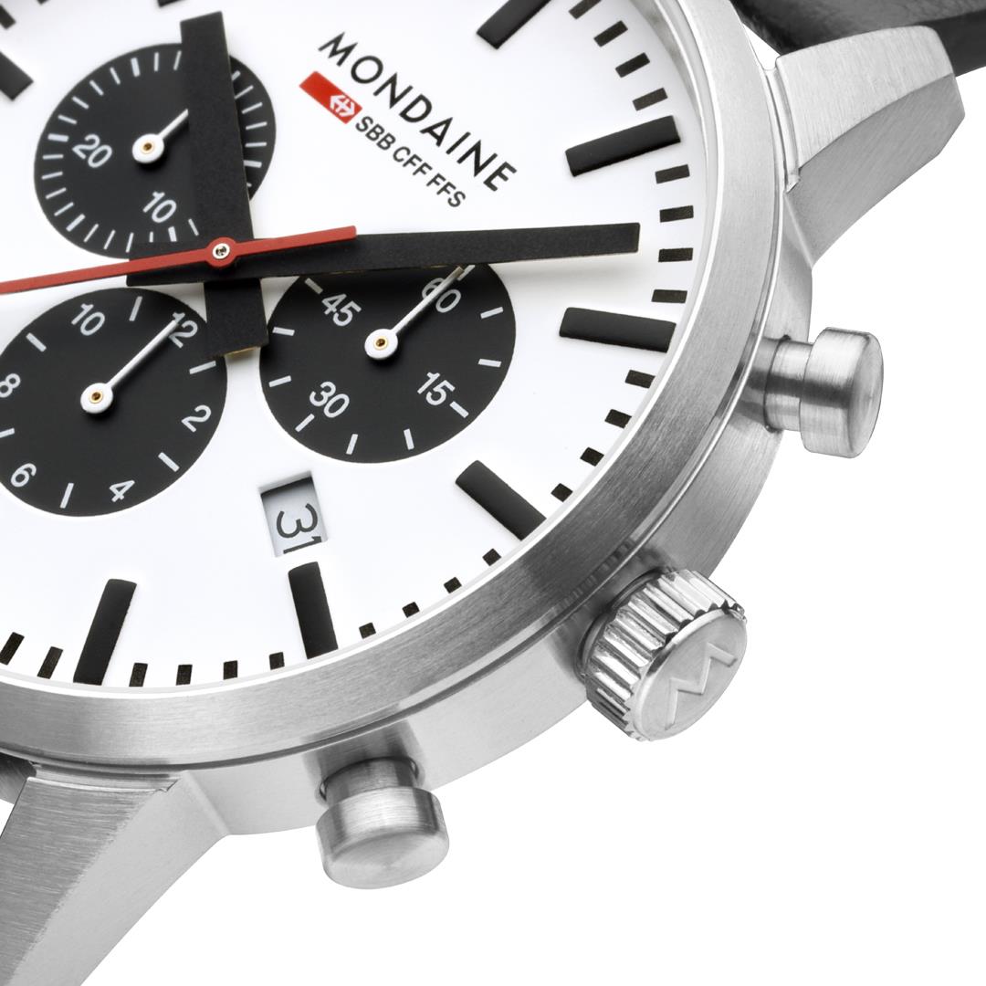 Mondaine Neo MSD.41410.LBV side profile showing steel case with crown and pushers