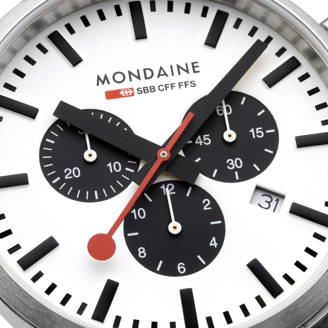 Mondaine Neo MSD.41410.LBV close-up shot of white dial showing sub-dials and date window