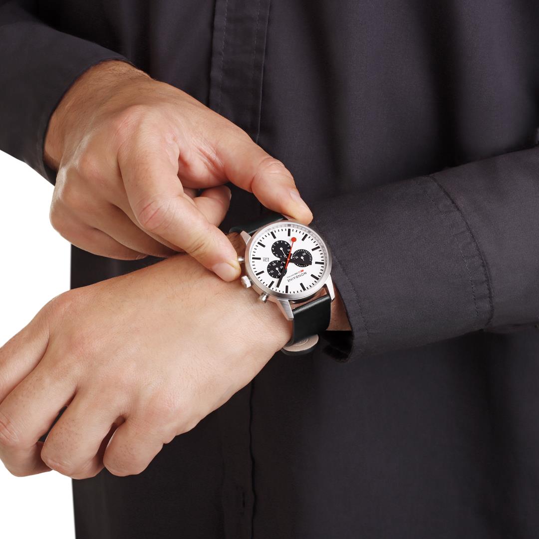 Mondaine Neo MSD.41410.LBV wrist view showing white dial mens timepiece with black leather strap