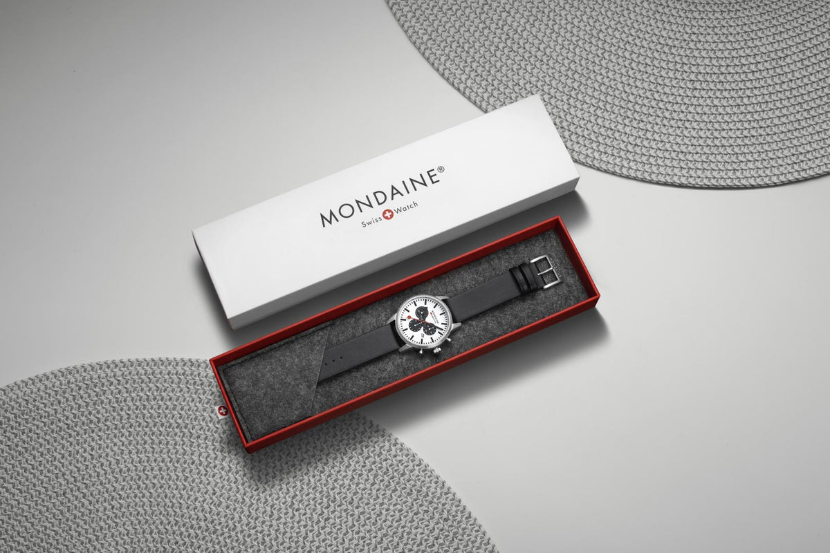 Mondaine Neo MSD.41410.LBV presentation view displaying a quartz watch inside an official packaging box