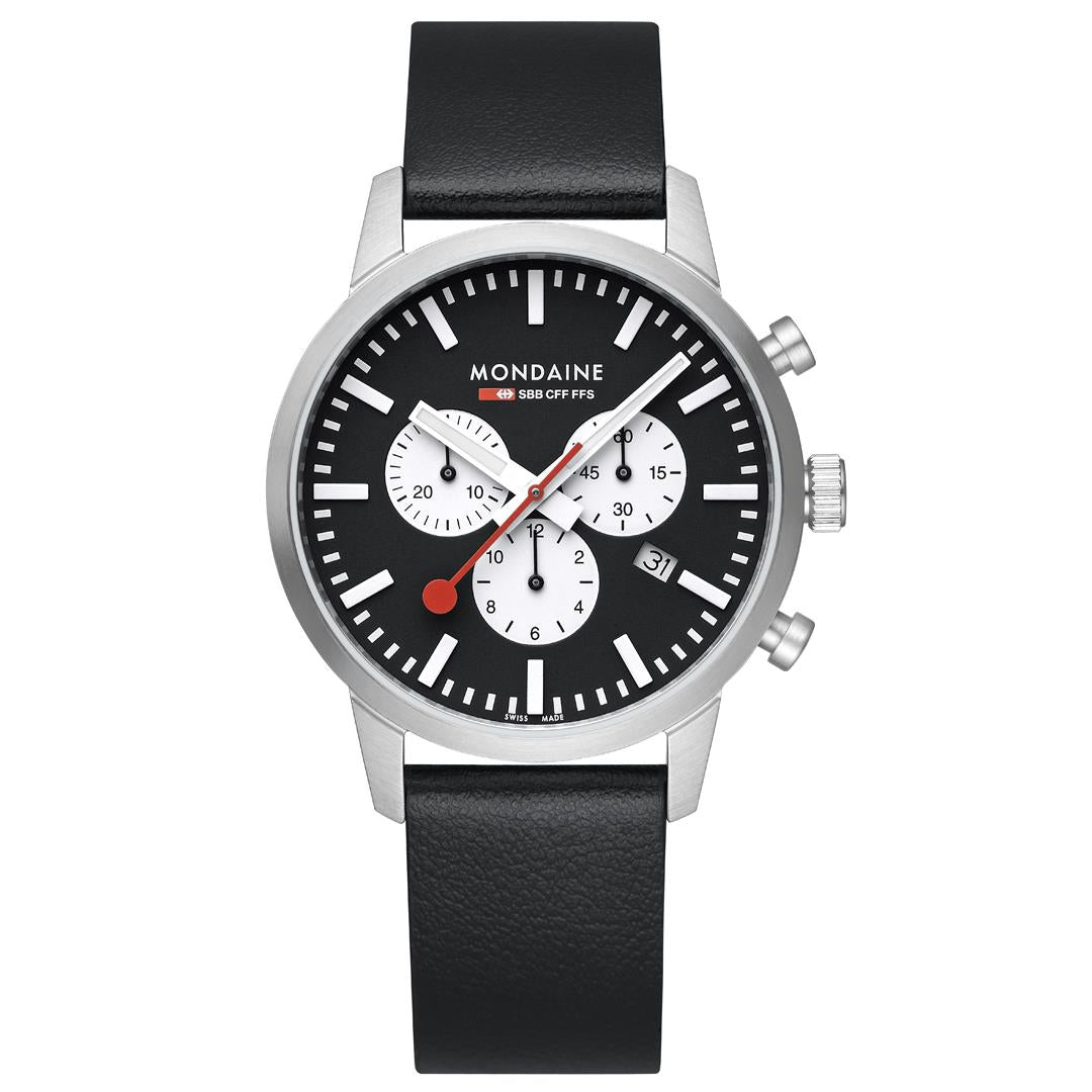 Mondaine Neo MSD.41420.LBV front view showcasing black dial with chronograph sub-dials, date display, and leather strap