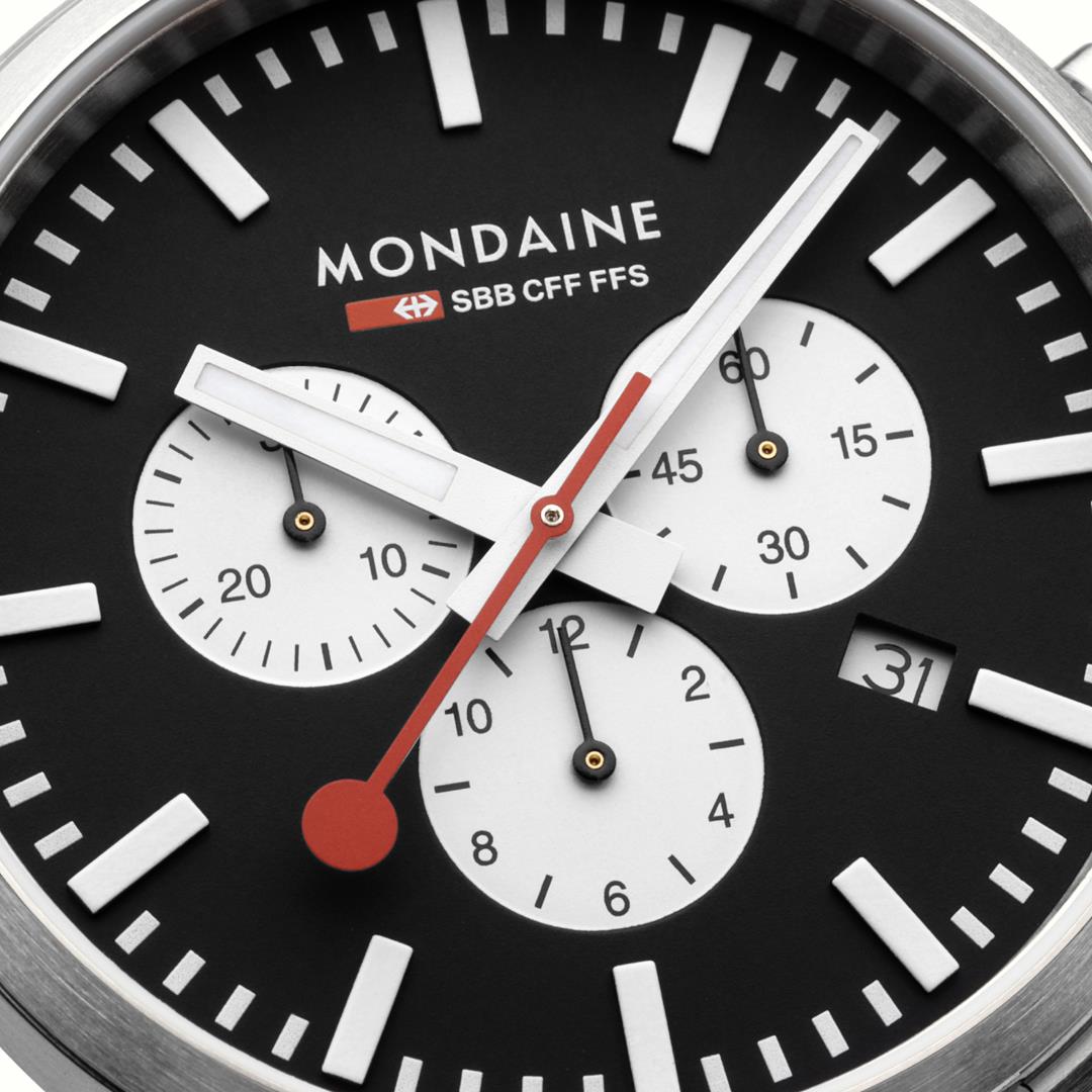 Mondaine Neo MSD.41420.LBV close-up macro view of black dial displaying three white chronograph counters