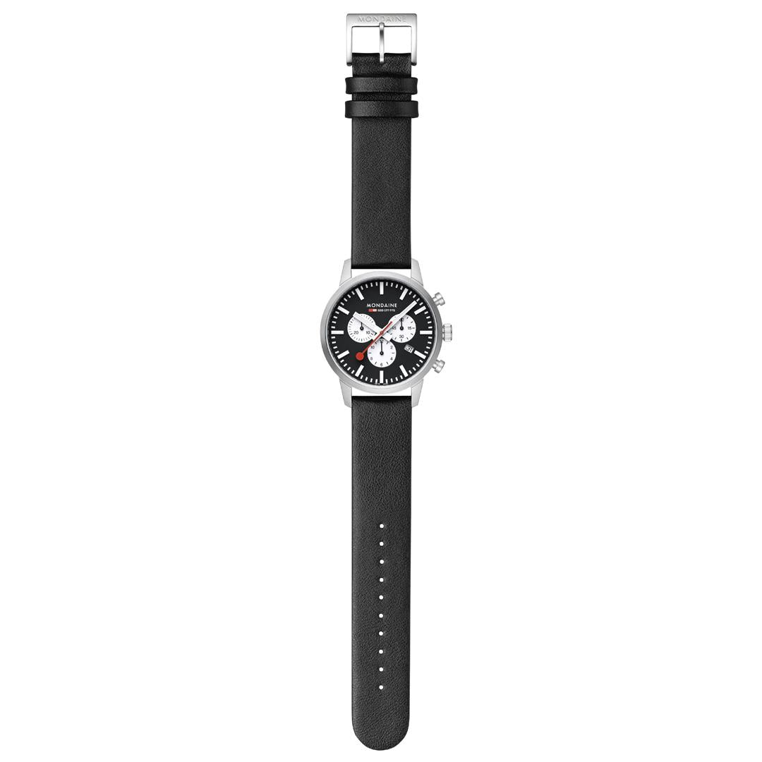 Mondaine Neo MSD.41420.LBV overhead flat lay view showing black dial with leather strap and pin buckle