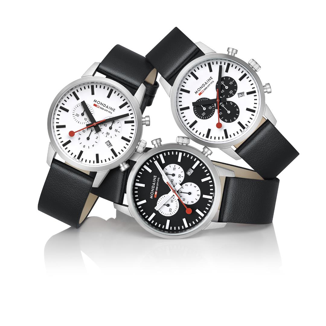 Mondaine Neo MSD.41420.LBV collection arrangement showing black and white dial chronograph models