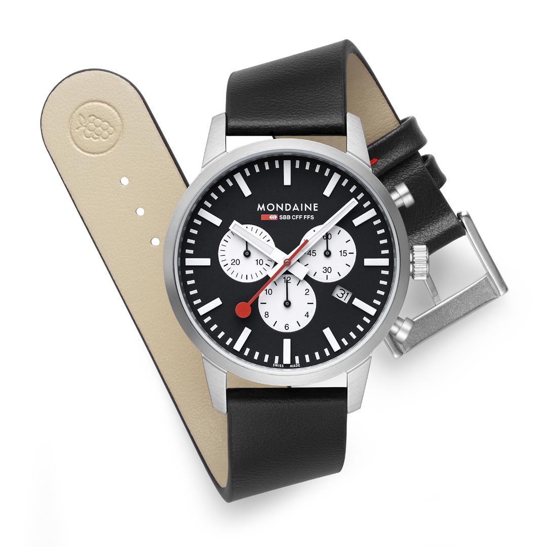 Mondaine Neo MSD.41420.LBV studio layout displaying black dial with leather strap and steel pin buckle
