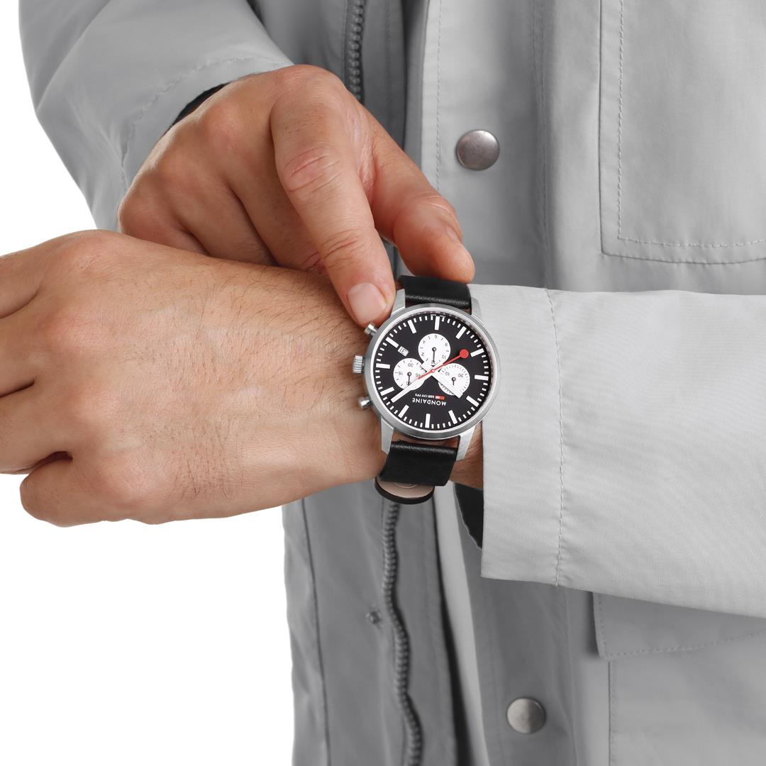 Mondaine Neo MSD.41420.LBV wrist view showing black chronograph dial on wrist