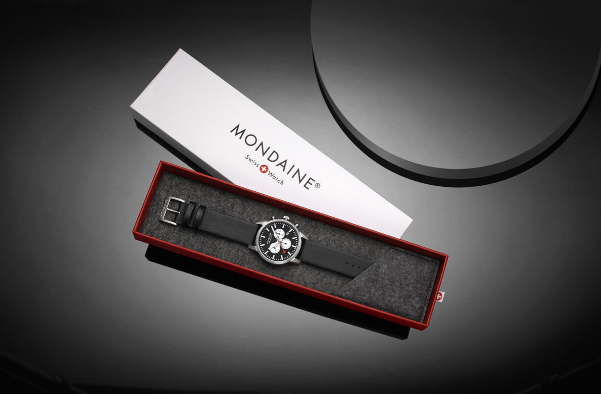 Mondaine Neo MSD.41420.LBV presentation set showing chronograph watch inside branded packaging box