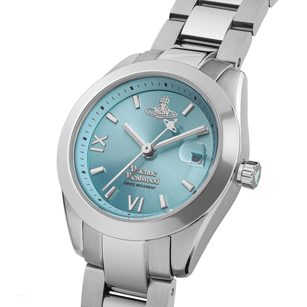 Vivienne Westwood Fenchurch VV292TQSL ladies timepiece featuring a blue dial, date window, and silver-tone stainless steel bracelet