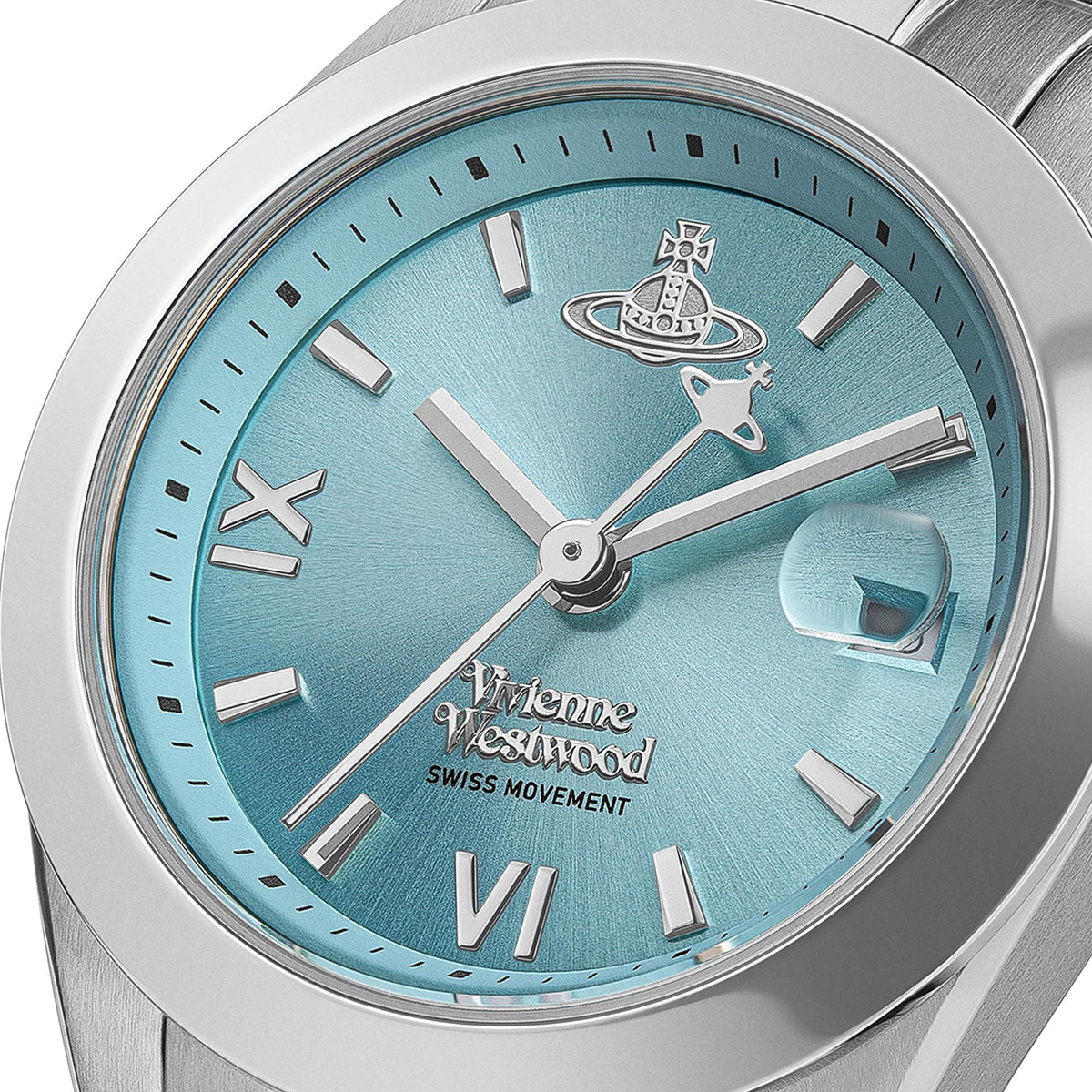 Detailed view of Vivienne Westwood Fenchurch VV292TQSL womens wrist watch highlighting blue dial with orb motif and silver hour markers