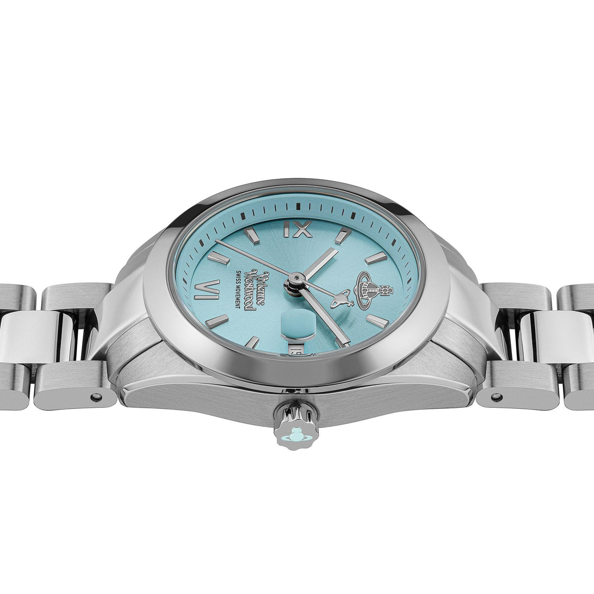 Side profile of Vivienne Westwood Fenchurch VV292TQSL ladies watch showing crown detail, slim case, and stainless steel link band