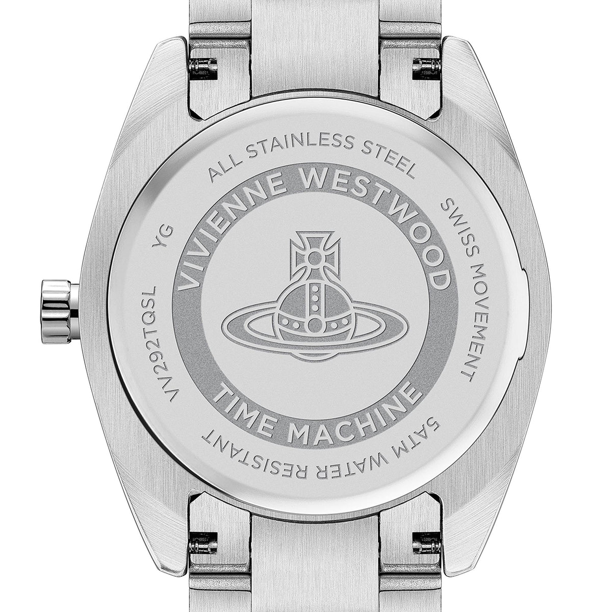 Rear view of Vivienne Westwood Fenchurch VV292TQSL womens watch displaying engraved stainless steel case back with orb logo