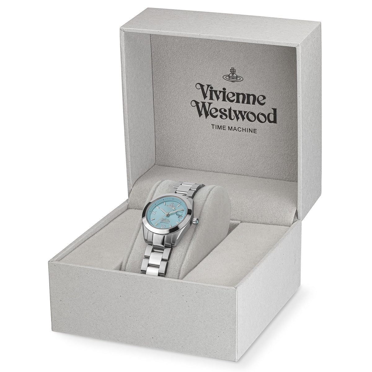 Vivienne Westwood Fenchurch VV292TQSL ladies blue dial watch presented inside a signature grey branded watch box