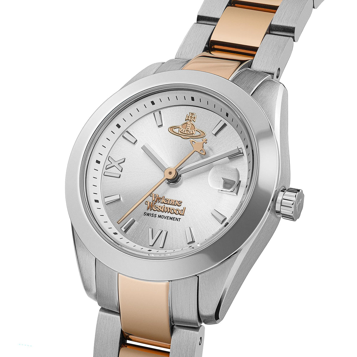 Silver dial two-tone ladies wristwatch with rose-gold accents and crown at three o'clock