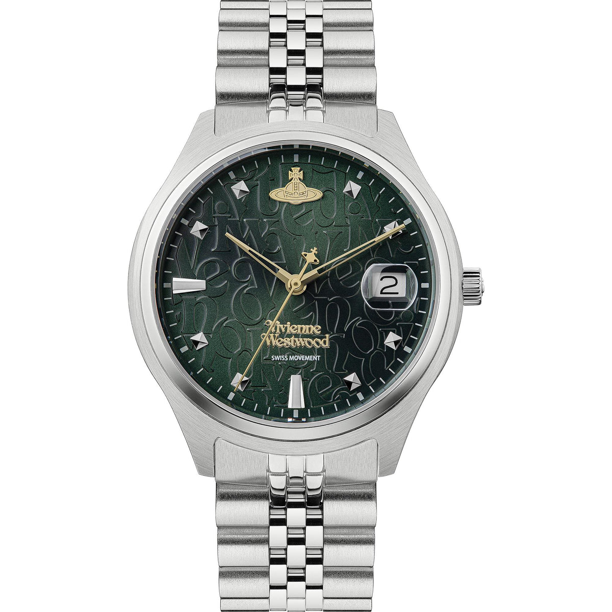 Round stainless steel watch with green patterned dial, gold-tone logo, date window