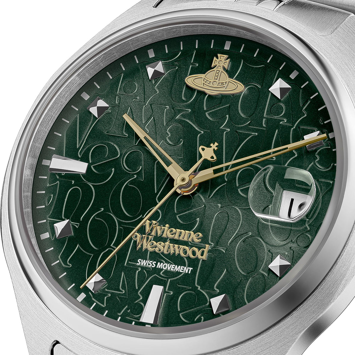 Stainless steel ladies wristwatch with green dial, gold-toned hands, and bracelet