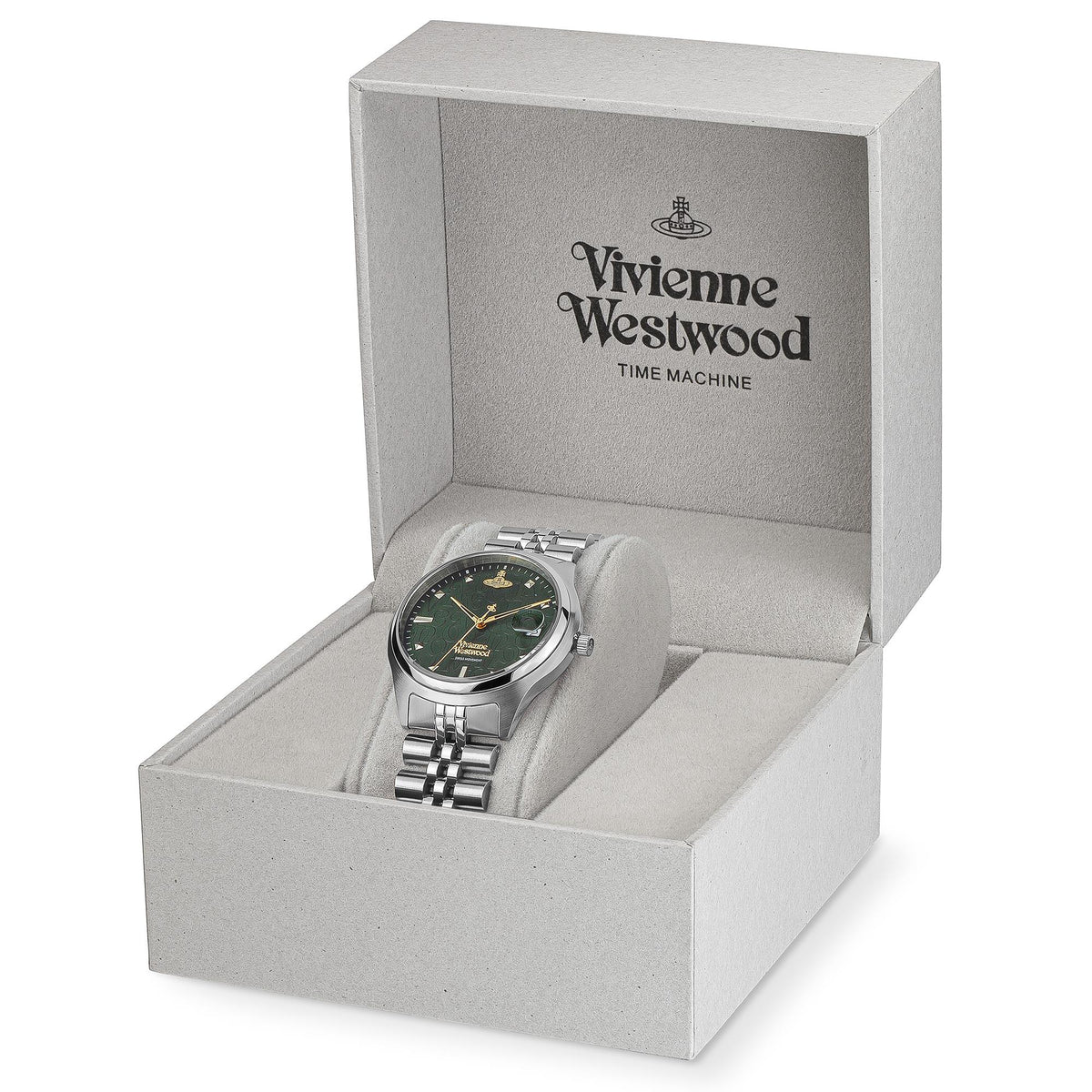 Stainless steel ladies watch in open gift box with green dial and link bracelet