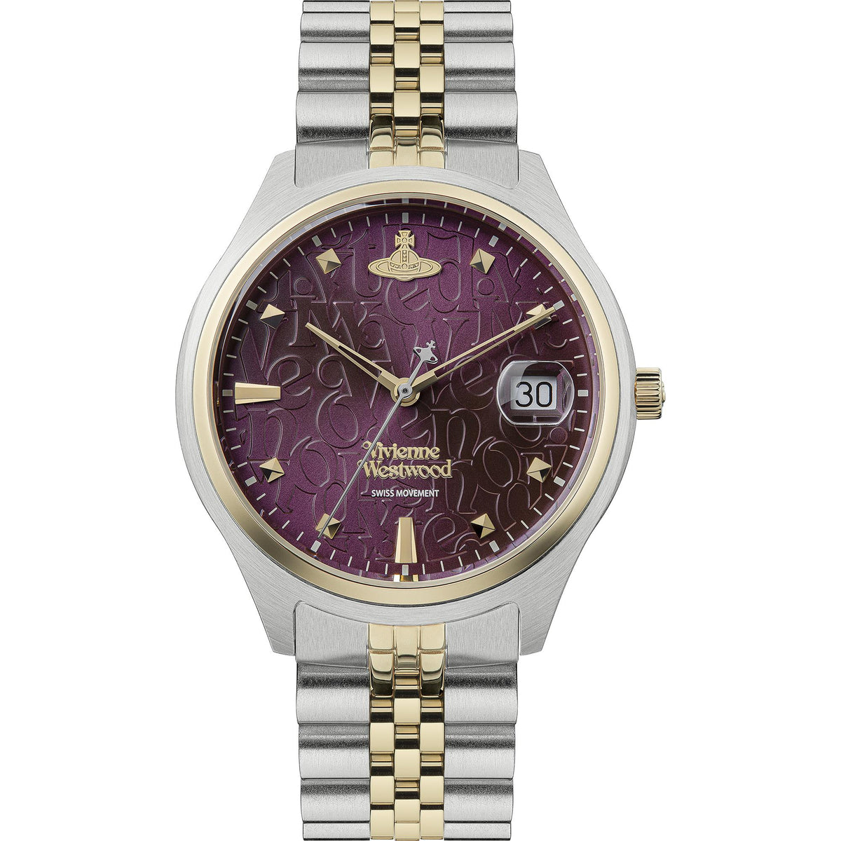 Ladies quartz wristwatch with purple dial and two-tone stainless bracelet, date window