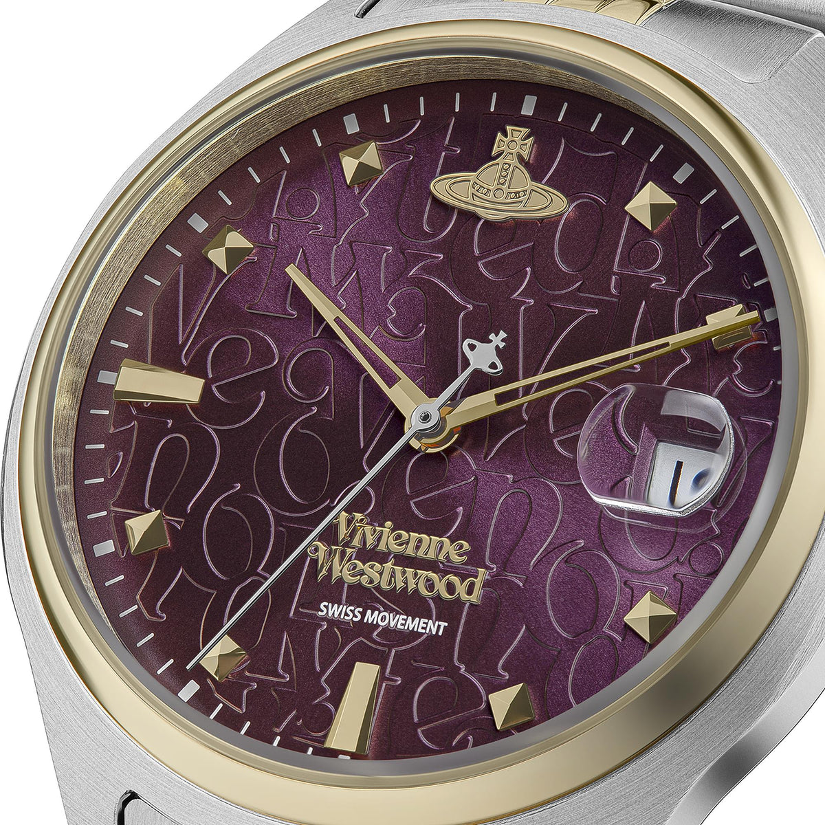 Two-tone stainless steel watch with purple patterned dial, gold hands and hour markers