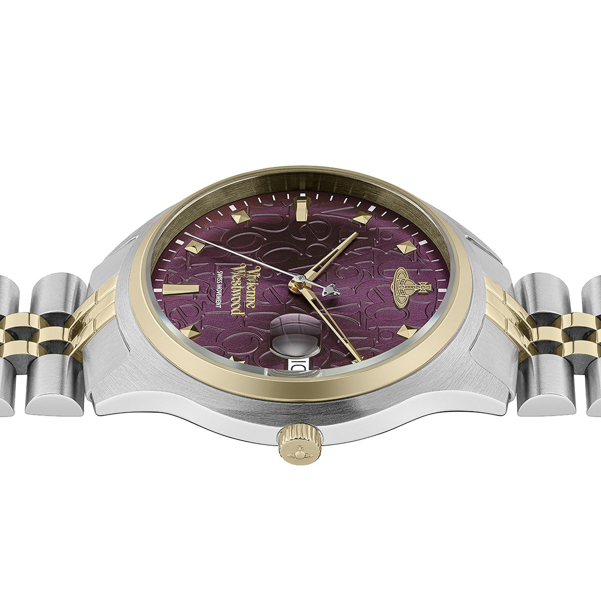 Two-tone stainless steel watch with purple dial, gold bezel ring, and crown detail