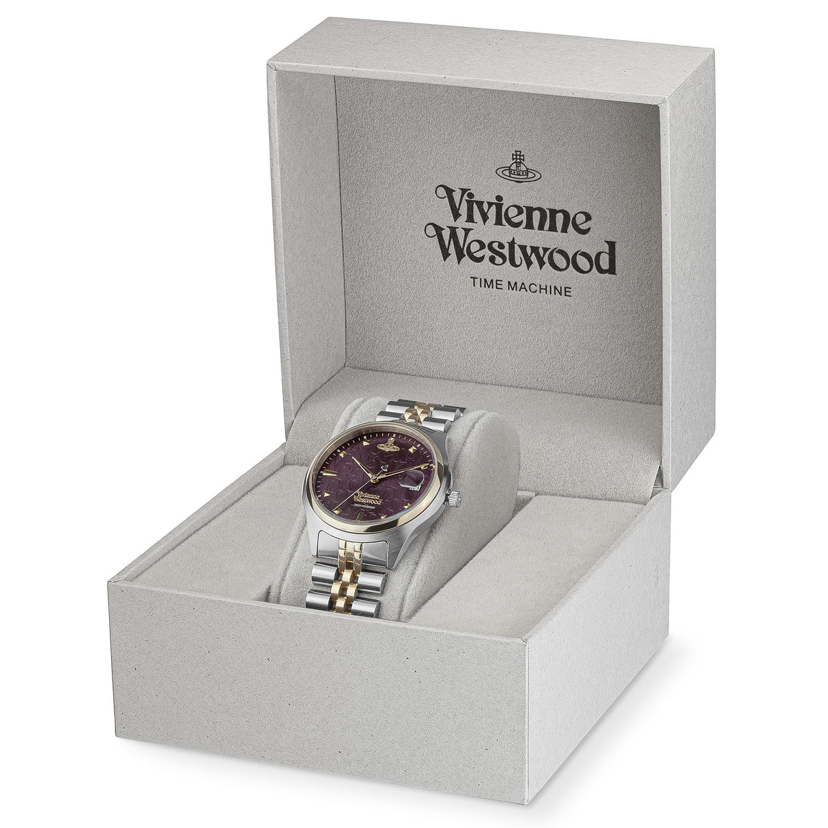 Two-tone stainless quartz watch in gift box, showing purple dial and gold accents