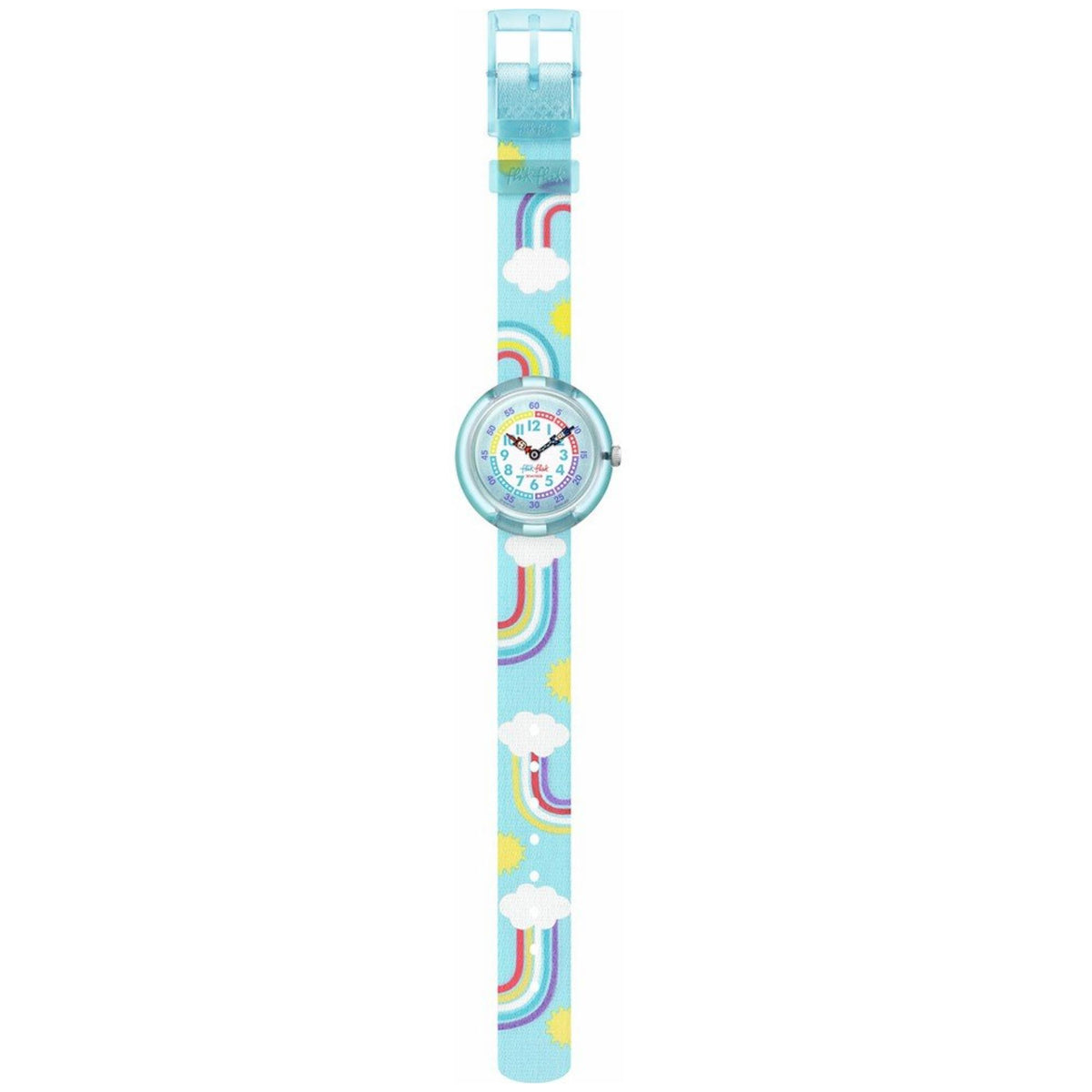 Kids rainbow cloud fabric strap watch with small round blue dial