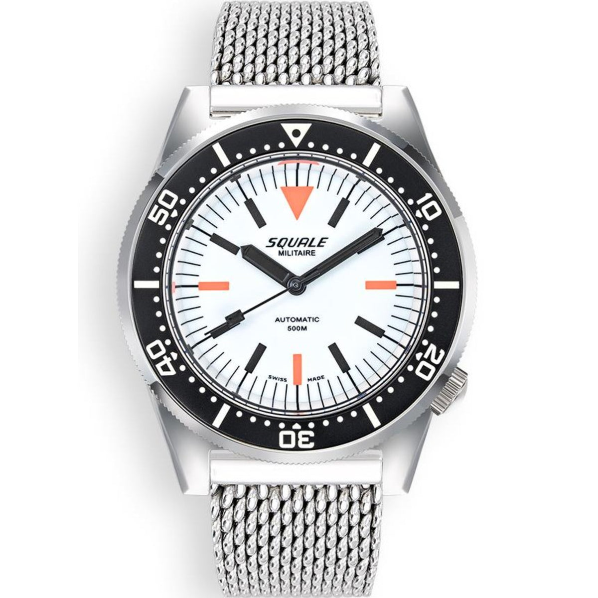 Men’s stainless steel automatic dive watch with white dial, black bezel, mesh bracelet