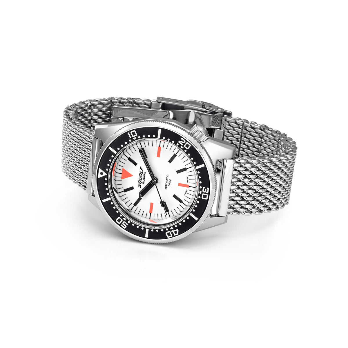 Men’s stainless steel automatic dive watch with white dial, black bezel, silver Milanese bracelet